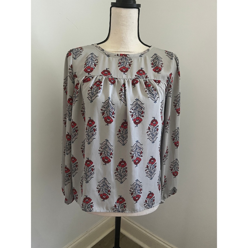Grey Floral Blouse XSP Long Sleeve Red Boho Chic Cottagecore Office Airy Flowy